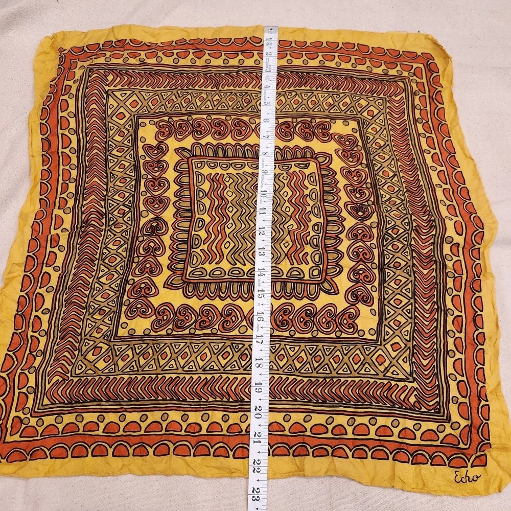 Vintage Echo Silk Scarf Yellow Orange Tribal Geometric Aztec Square Neck Scarf